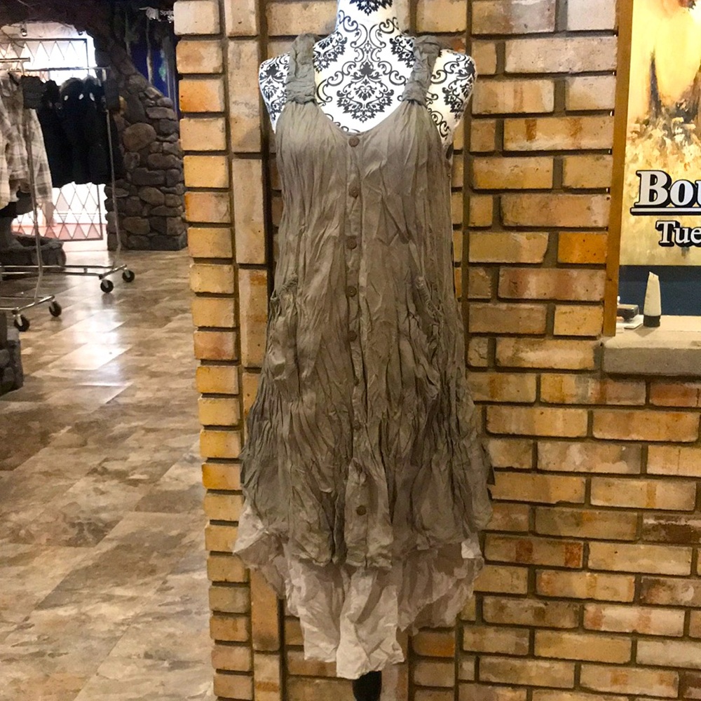 NWT Khaki A-Line Summer Boho Crinkle Dress OS